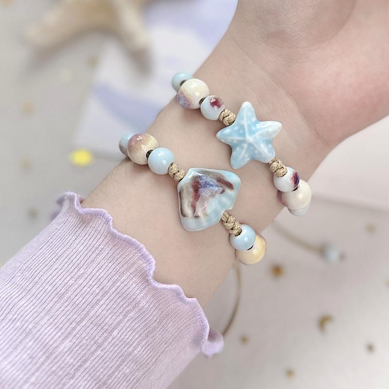 Handmade Adjustable Beaded Bracelets for Women Boho Colorful Glaze Starfish Shell Ceramic Beads Bracelet Girl Party Jewelry Gift