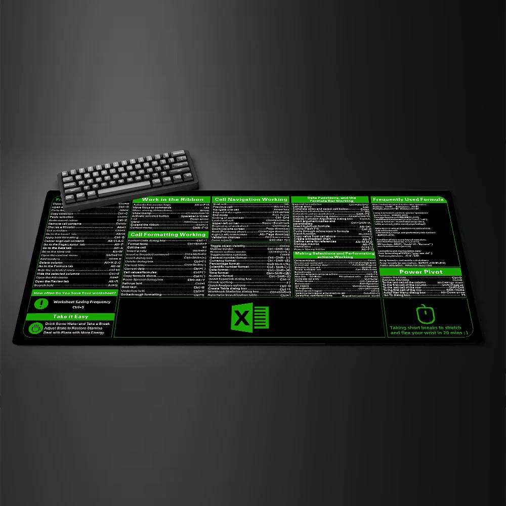 Shortcut key patterns for PC Office software Mouse Pad Excel Shortcut Desk mat NonSlip Stitched Edge HD Print office rug 800x300x2mm