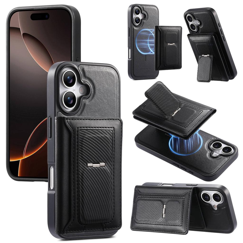 CASENEO For iPhone 17 Detachable Magnetic Phone Case with Card Holder Kickstand TPU PU Leather PC Phone Cover Compatible with MagSafe