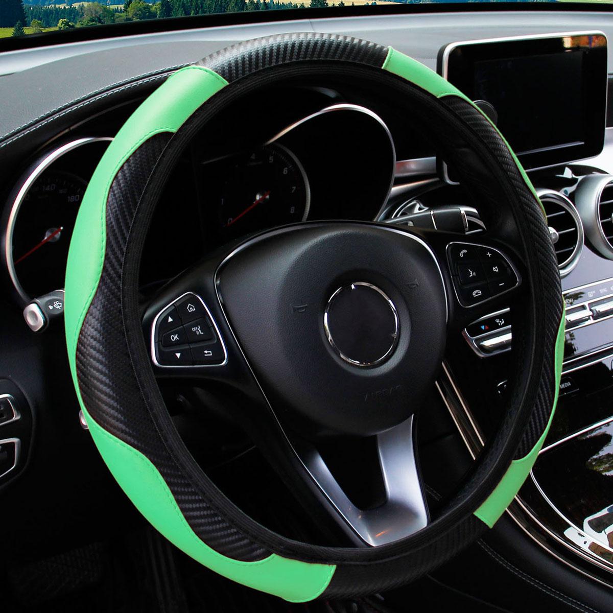 

Carbon Fiber PU Leather Steering Cover – Universal Fit 14.5-15 Without Inner Ring, Car Interior Styling Accessory зелений