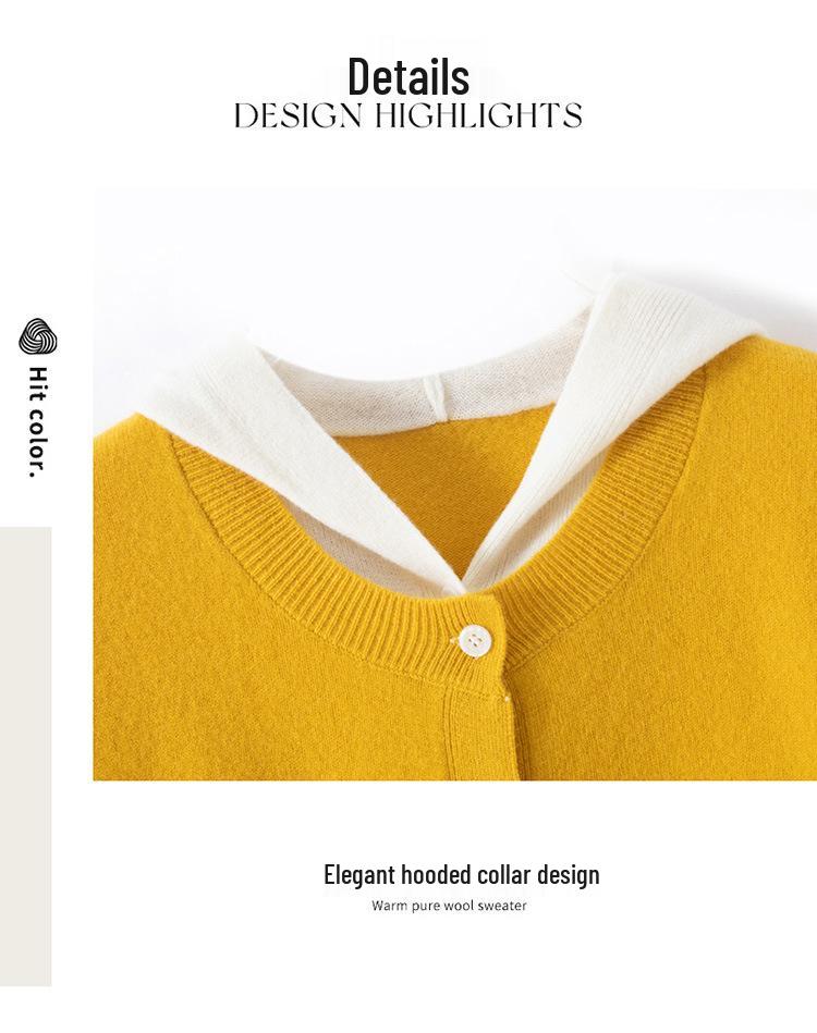 Women's 100% Pure Wool Color Block Cardigan Hoodie - Loose Knit Button-Up Sweater Coat