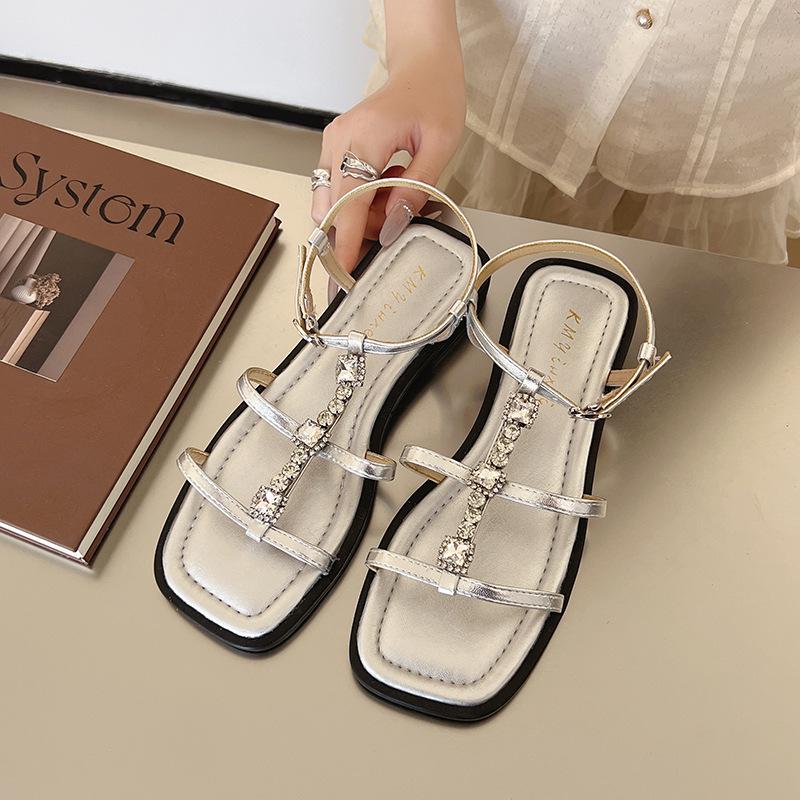 Rhinestone sandals women's 2025 new summer niche design flat-bottomed Roman sandals fairy style women's shoes