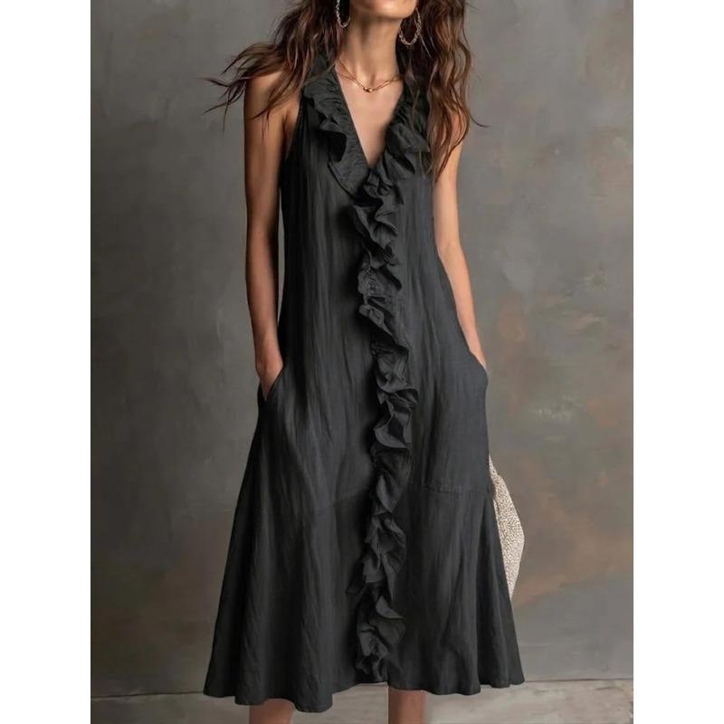 QICED Fashion Summer Spring Solid Color Print Sleeveless V-Neck Casual Dresses