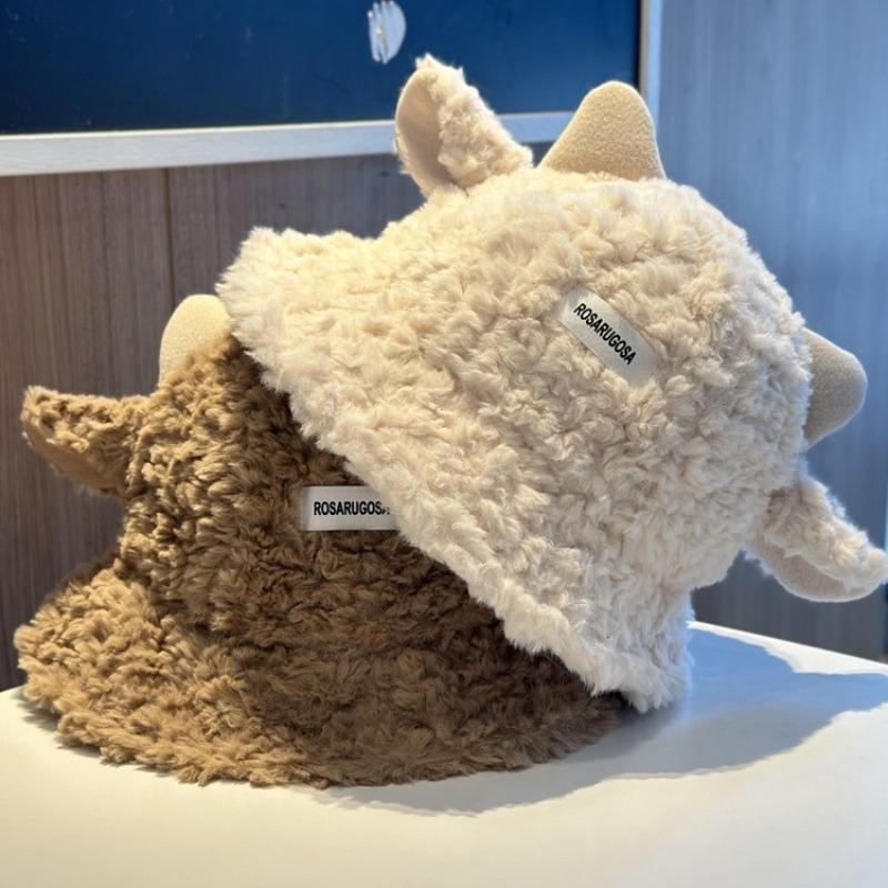 Cute plush lamb bucket hat women's autumn and winter warm versatile basin hat big head circumference show face small couple ear hat