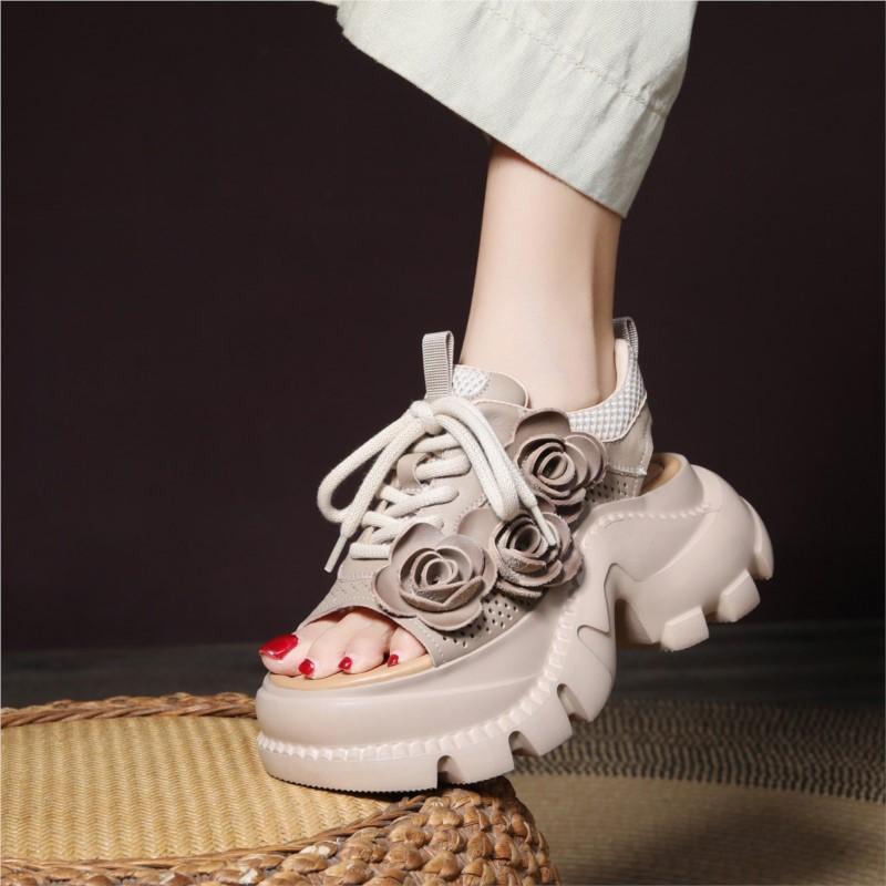 Johnature Thick Soled Wedges Shoes Hollow Out Breathable Peep Toe Sandals Genuine Leather Flower Women's Shoes