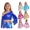 Girls Pageant Stage Performance Crop Top One Shoulder Long Sleeve Design Tassel Sequin Tops