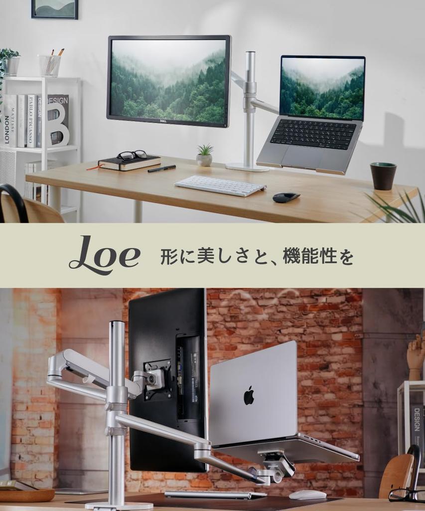 LOE Dual Monitor Arm Laptop 2 Screens Vertical Top and Bottom Layout Liquid Tab Long Easy To Assemble LOLL3L White X Silver