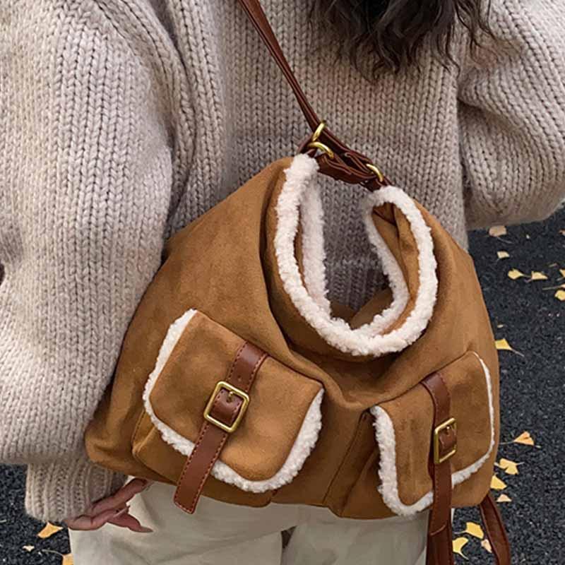 Autumn and Winter Retro Suede Tote Backpack Women's Bag 2025 New Large-capacity Lamb Wool Splicing Shoulder Bag