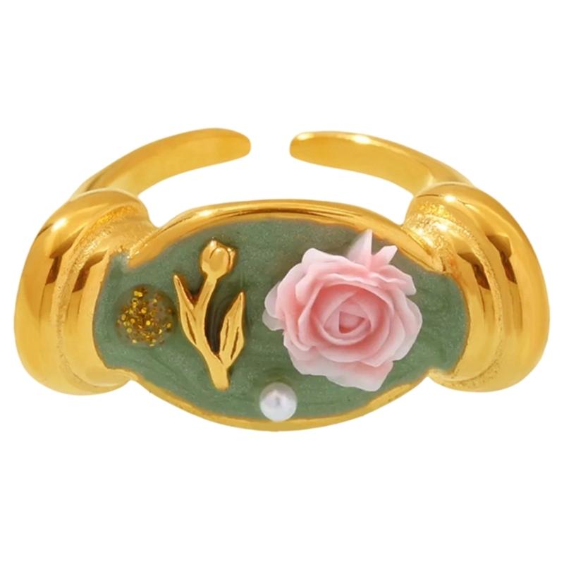

Romance Enamel Rose Pearls Open Adjustable Ring Stainless Steel Jewelry Enamel Floral Accessory For Women Gift