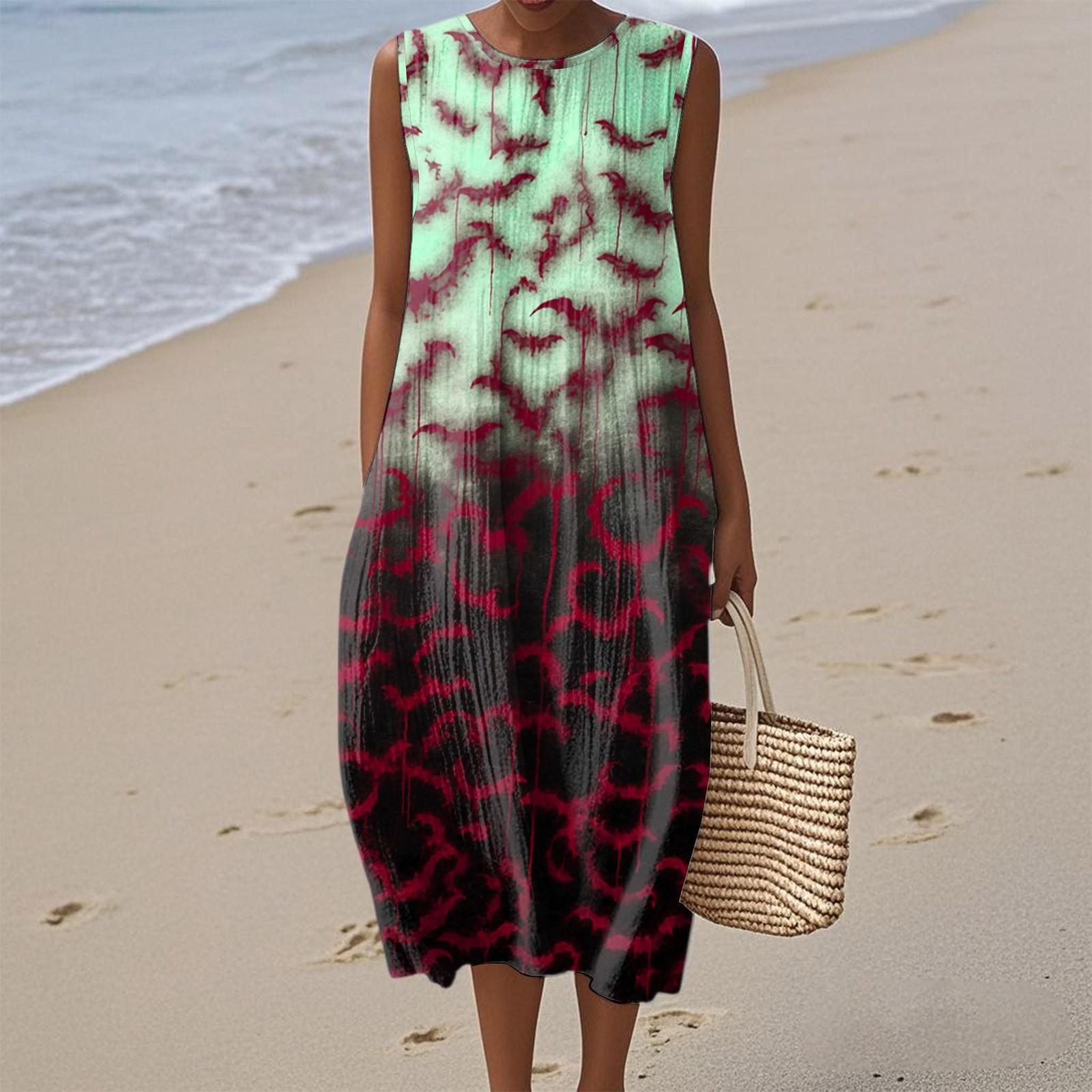 

Women s Fashion Casual Sleeveless Round Neck Zipper Halloween Print Elegant Temperament Dress XL зелёный