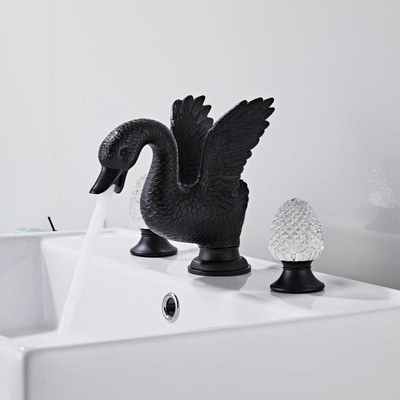 Tuqiu Gold Swan Bathroom Faucet Widespread Sink Tap Brass Basin Faucet Sink Faucet Antique Crystal Handle Hot & Cold Water Tap