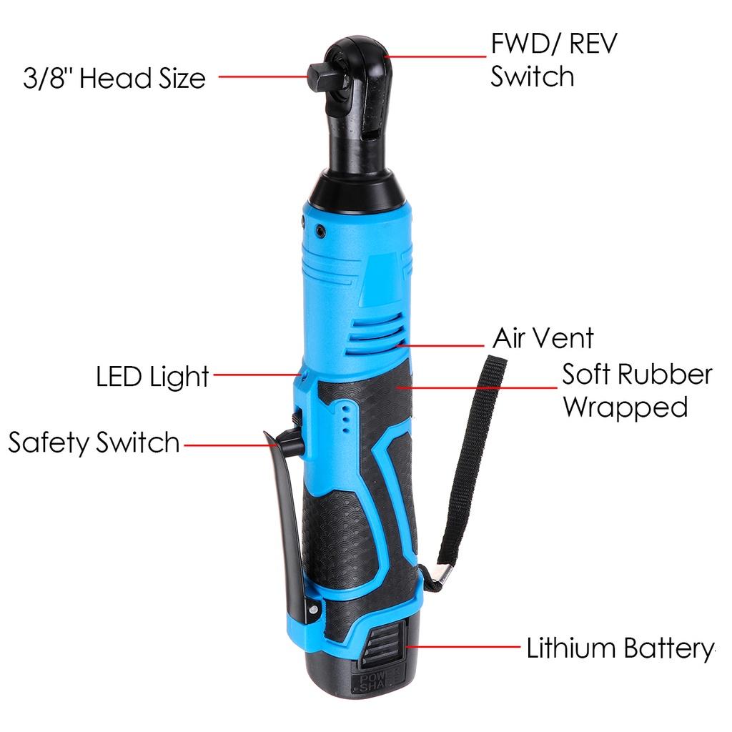 Blue 100N.m Electric Wrench Cordless Ratchet Rechargeable Scaffolding Right Angle Wrench with  2 Battery Charger Power Tool 18V 3/8Inches