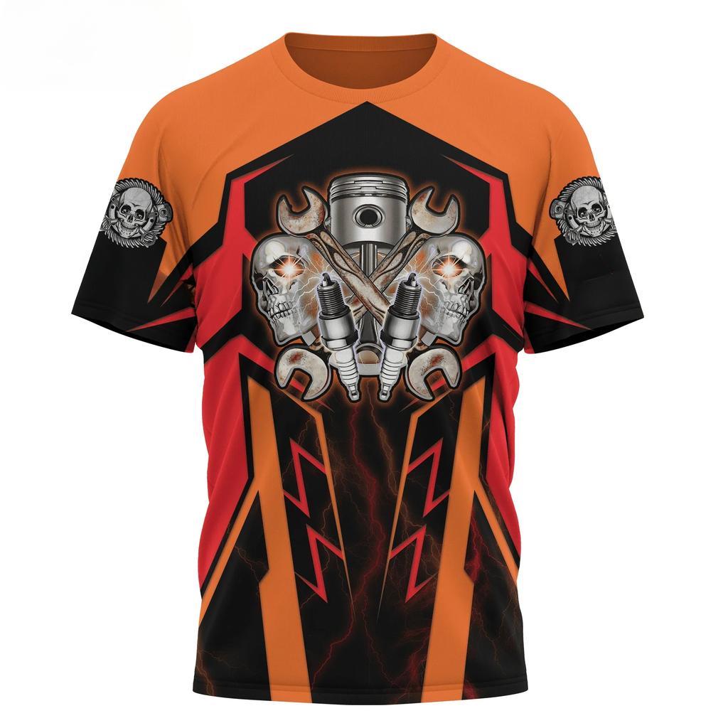 Letnie T-shirty męskie z okrągłym dekoltem, z nadrukiem 3D wzoru mechanicznej czaszki, modne, codzienne, z krótkim rękawem