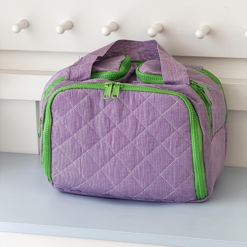 

Large Capacity Checkered Tote Bag Vintage Quilted Travel Makeup Organizer Portable Toiletry Cosmetic Storage Bag with Handles 1 piece pack