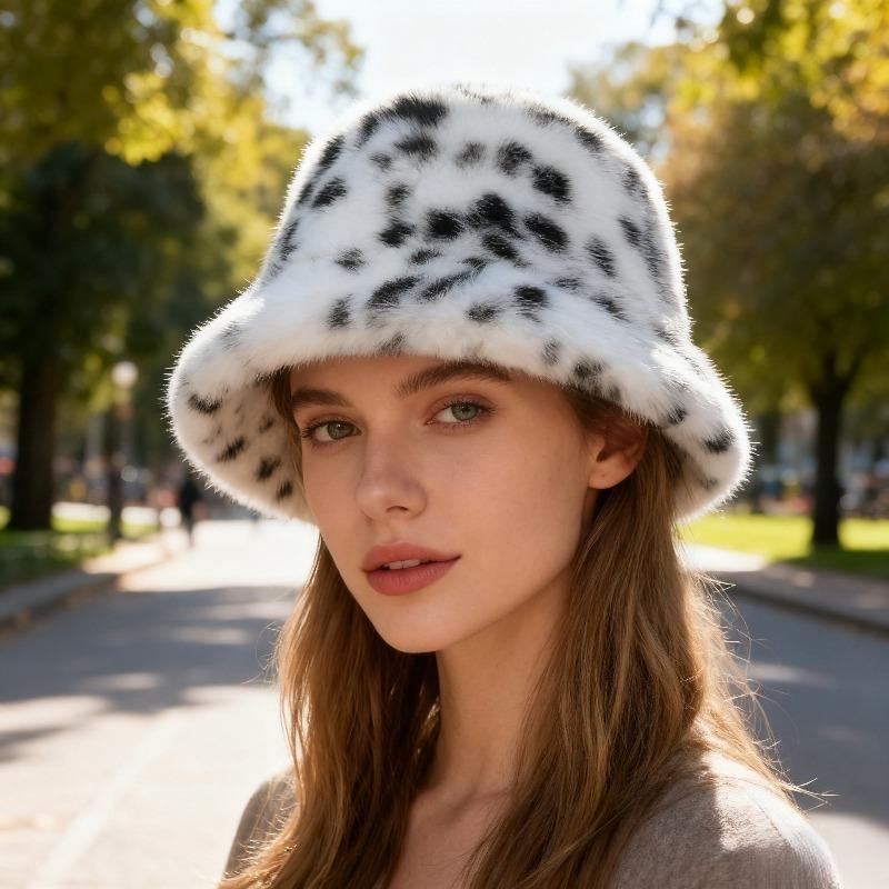 Leopard Print Faux Fur Bucket Hat Women’s Winter Fall Fisherman Hat Thickened Warm with Ear Protection for Big Head Sizes