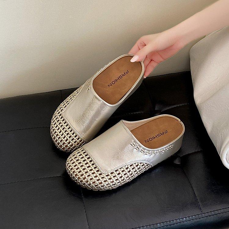 Thick-soled Bag Head Half Slippers Women's Summer Outer Wear 2025 New Inner Height Increase Hollow Weaving Women's Lazy Shoes with One Foot