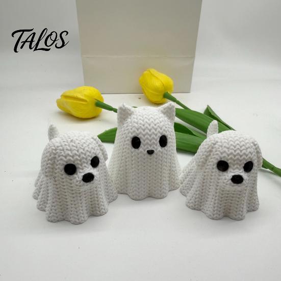 Talos 3D Printed Ghost Dog/Cat Figurine Ornaments, Knitted Texture Halloween Animal Decorations, Small Cute Puppy/Kitten Gifts for Home Desk Display