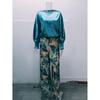 Women's Set Solid Color Lantern Sleeve Loose Top Printed Wide-leg Pants Two-piece Set
