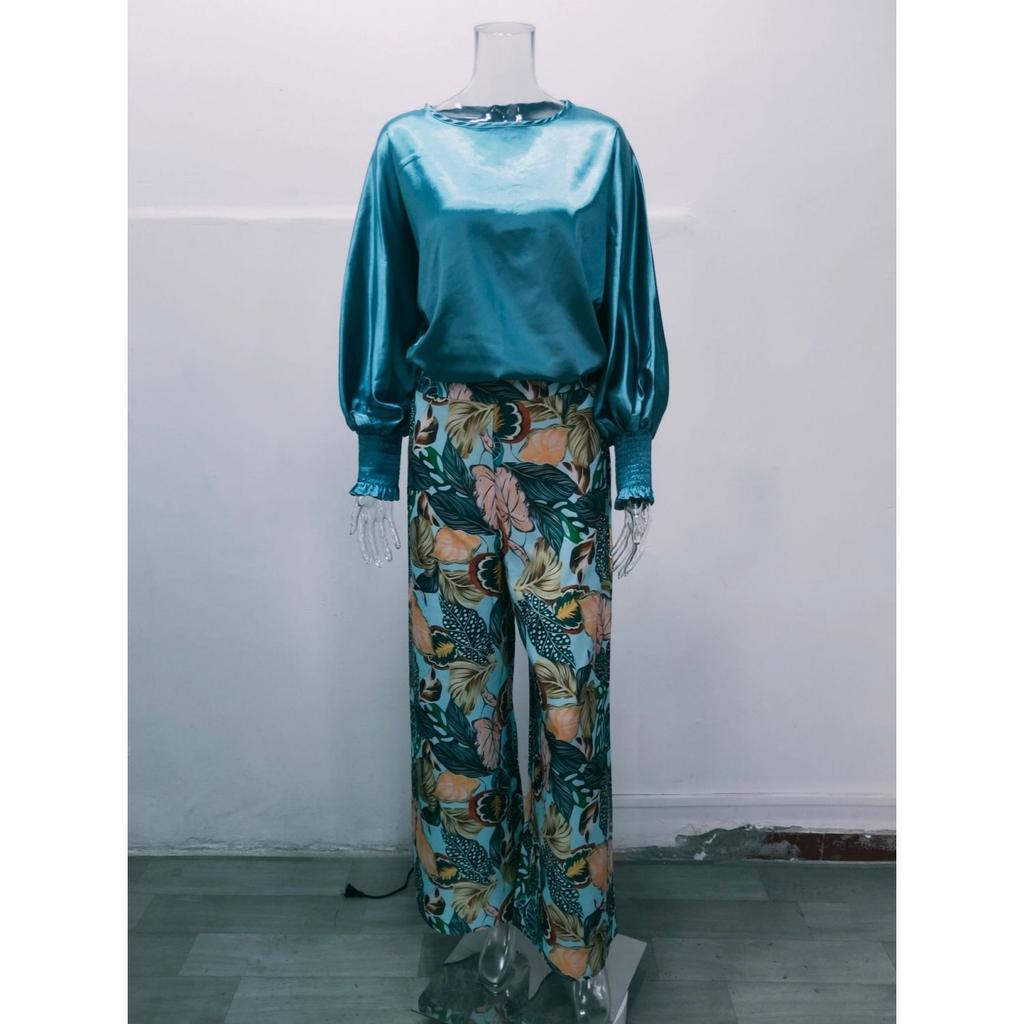 Women's Set Solid Color Lantern Sleeve Loose Top Printed Wide-leg Pants Two-piece Set