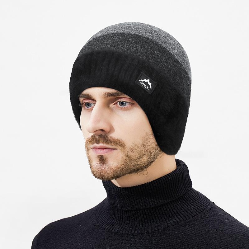 Winter Wool Warm Color-Matching Ear Protection Knitted Hat Men's Outdoor Cold-Proof Velvet Neck Set Two-Piece Wool Hat