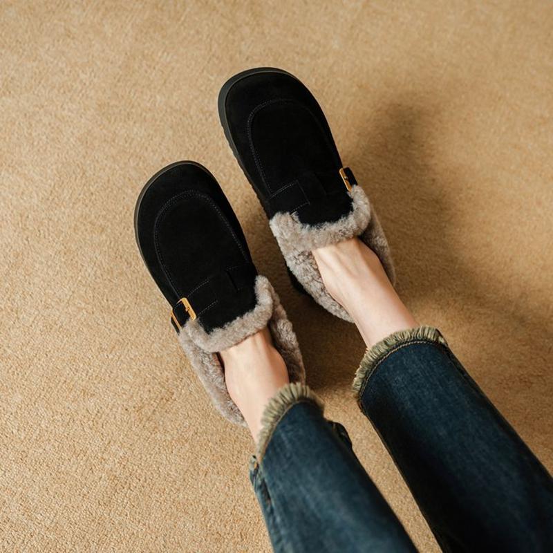 Fashion NEW Winter Women Pumps Round Toe Flat Heel Shoes Cow Suede Leather Shoes Women Slip-on Belt Buckle Shoes Warm Wool Women Loafers