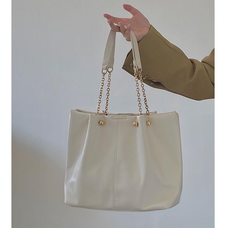 Large Capacity Women's One Shoulder Bags Chain PU Leather Vintage Casual Ladies European Style Black/White Solid Spring Handbags