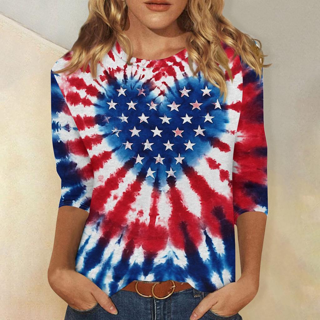T-shirt Top Décontracté Tendance pour Femme Imprimé Drapeau Américain et Étoiles Fête de l'Indépendance Manches Trois-Quarts Col Rond