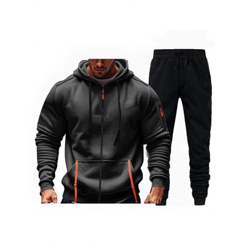 Mens Fleece-Lined Hooded Sweatshirt Set Casual Long Sleeve Tracksuit Winter Outfit