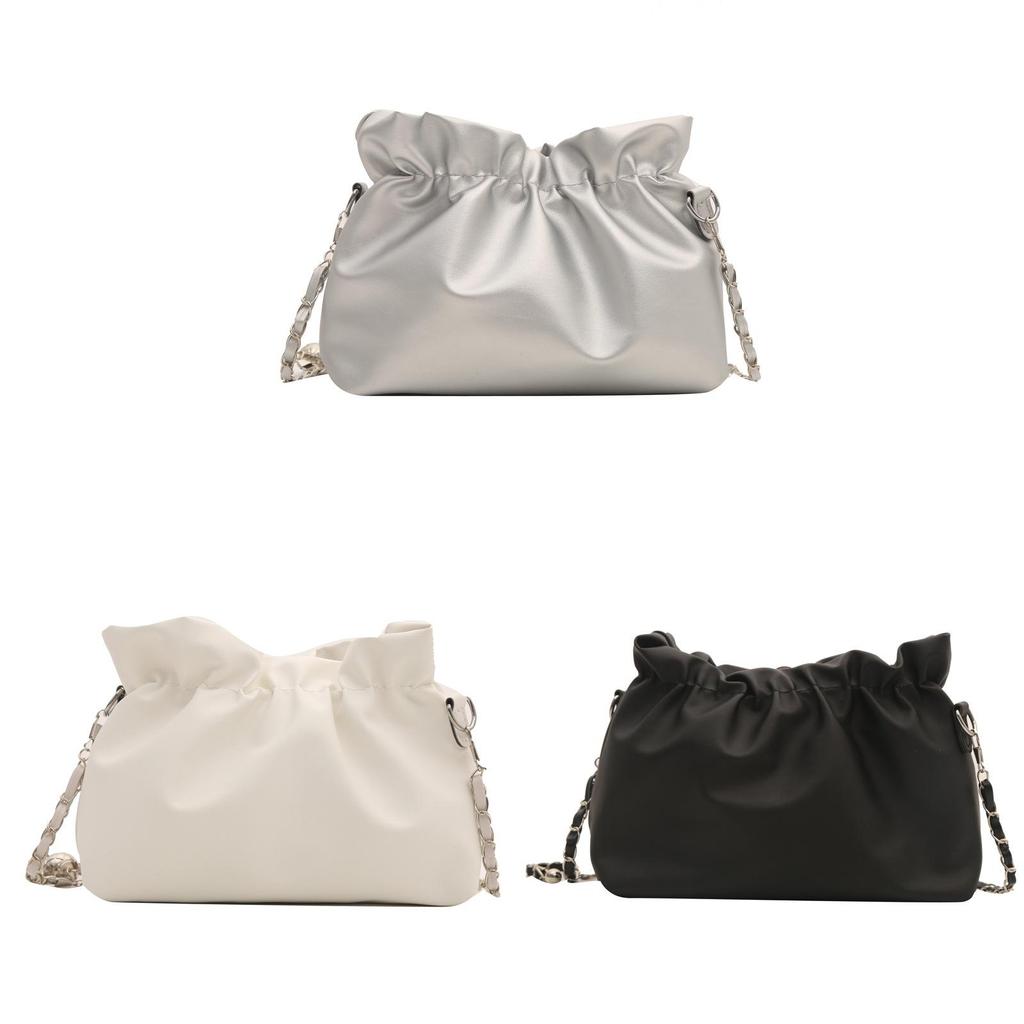 Small Pu Bucket Handbag With Wrinkled Texture And Chain Shoulder Strap For Street Fashion