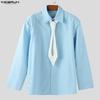 INCERUN Men Tie Lapel Neck Long Sleeve Solid Buttons Up Casual Oversized Shirts