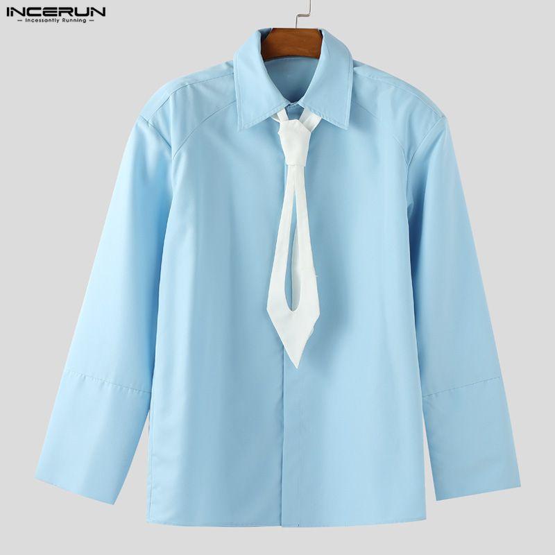 INCERUN Men Tie Lapel Neck Long Sleeve Solid Buttons Up Casual Oversized Shirts