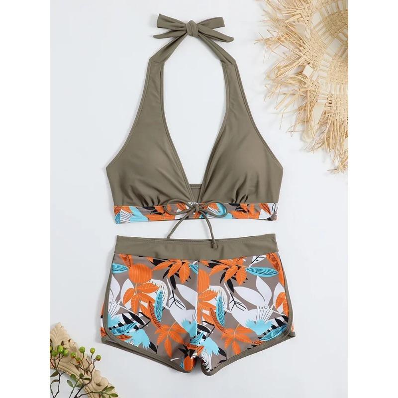 Fashion Printed Swimsuit Women Spliced Lace Up Sporty Surfing Bikini Set Bathing Suit Beachwear Swimwear Female Swimming Suits
