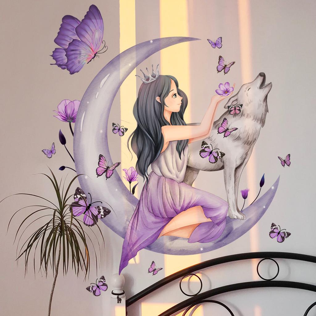 Wolf Moon Butterfly Wall Stickers for Girls Room Decoration Kids Room Decals Bedroom Sticker