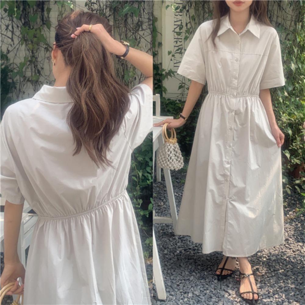 New Arrivals Open Run Women Collar Neck Short Sleeve Long Dress Waist String