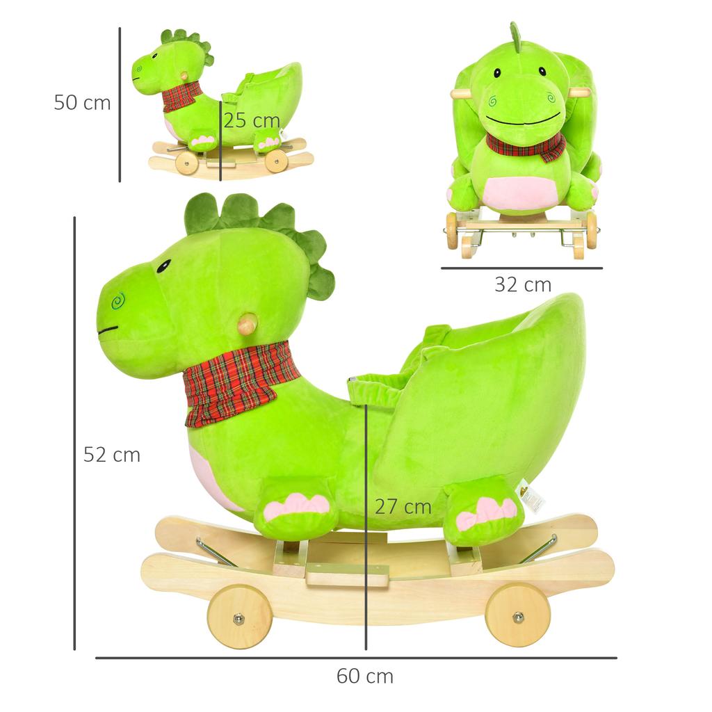 Rocking Horse with Wheels, Dragon-Shaped Rocking Horse for Children 18-36 Months, In Wood and Green Plush