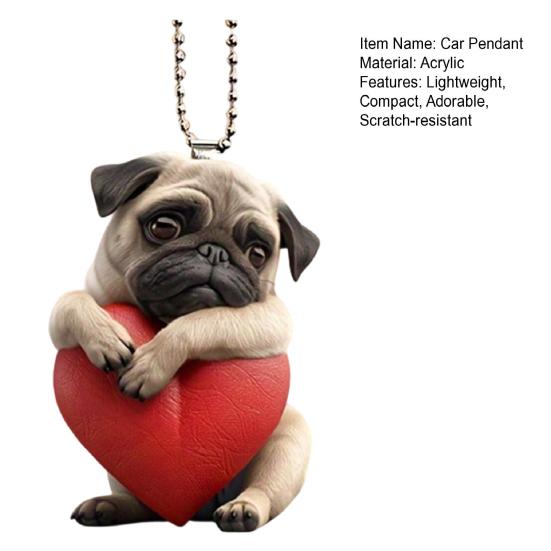 Acrylic Heart Dog Car Hanging Ornament Cute Puppy Pendant with Red Heart Car Rearview Mirror Decoration with Adjustable Strap