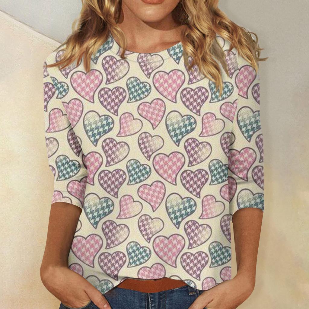 Damen Valentinstag Print Mode Lässig 3/4 Ärmel Rundhals Oberteil
