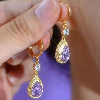 New Purple Drop-shaped Zircon Golden Edged Pendant Earrings For Women Fashionable Daily Accessory Party  Birthday Gifts