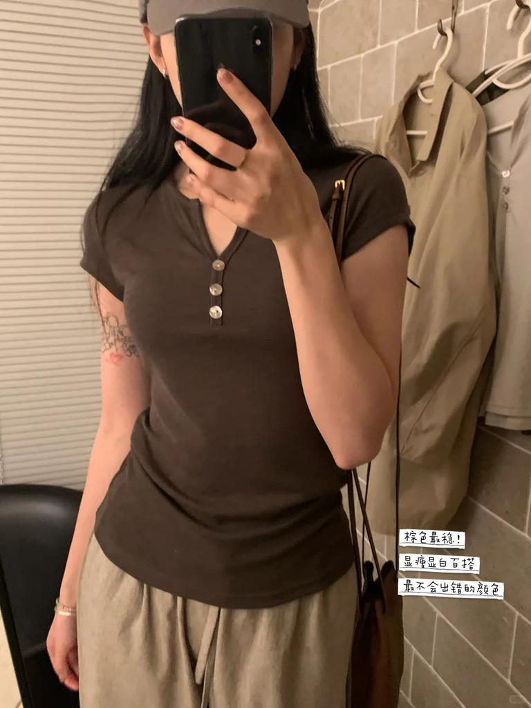Henry Collar Three-button Small V-neck Short-sleeved Women's Summer Thin Slim-fit Slim Bottom Top Commuter Basic T-shirt
