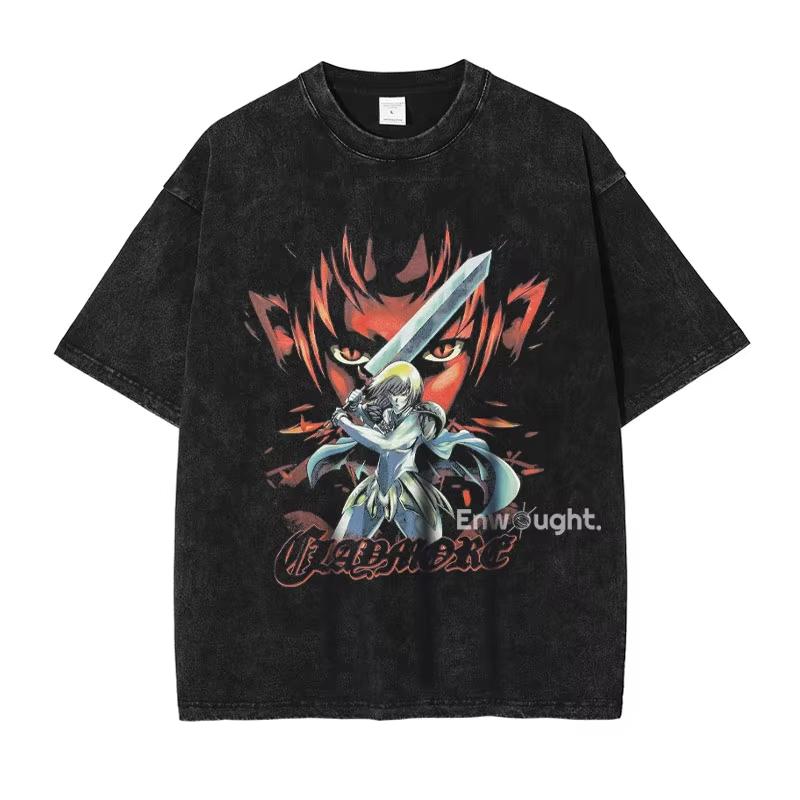 Claymore Clare T-shirt Gothic Aesthetic Vintage Washed Anime Graphic Unisex Oversized Streetwear Cotton Tee Clothing Tops Hot