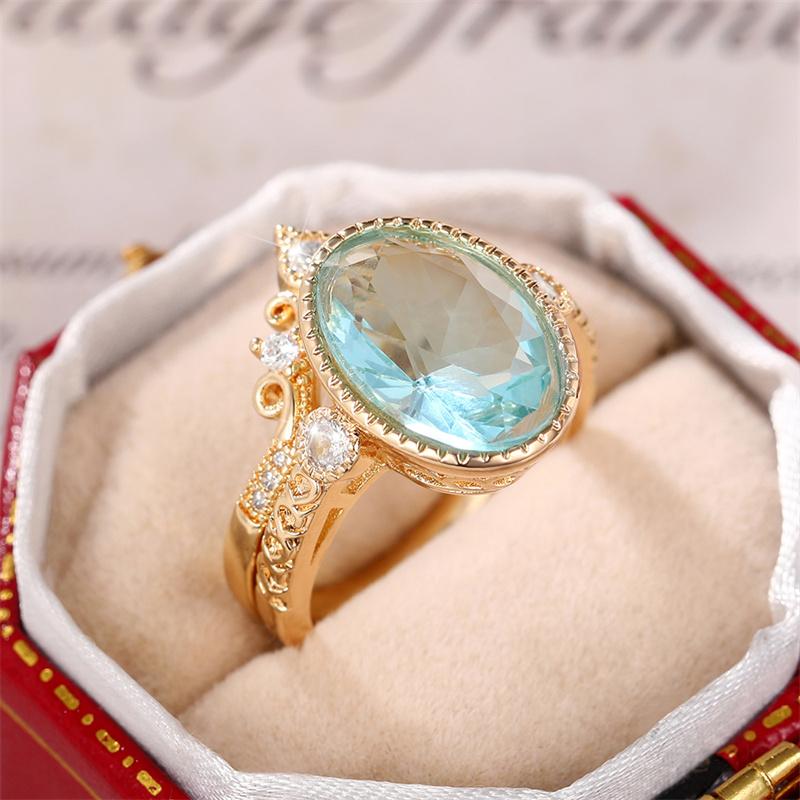 Huitan Elegant Sky Blue Set Rings for Women Vintage Gold Color 2Pcs Aesthetic Pattern Lady's Accessories Party Gift New
