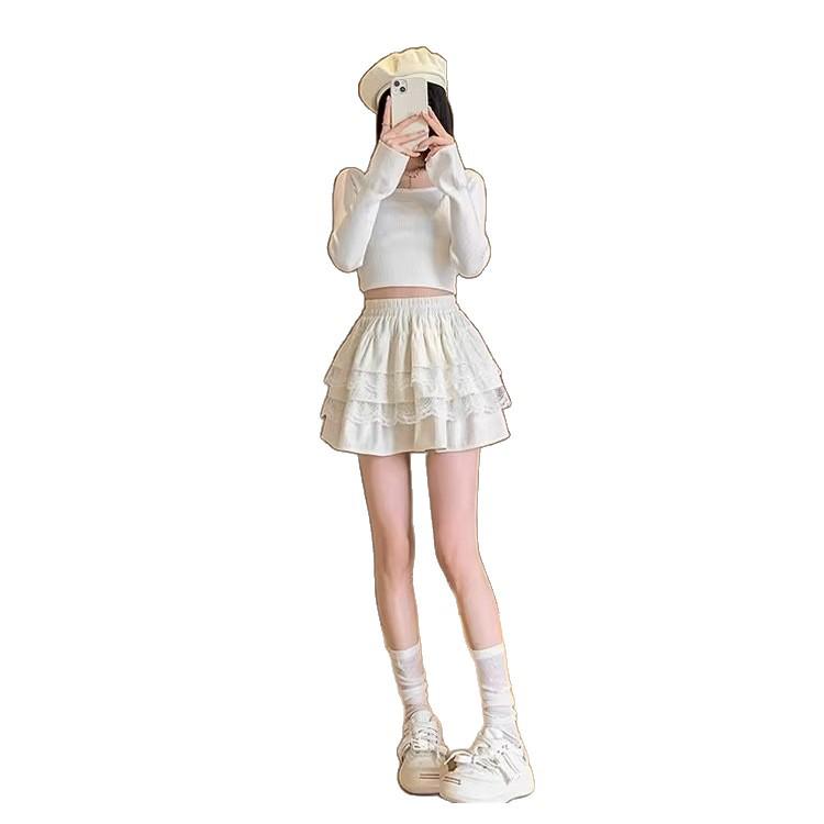 White Lace High-Waisted A-line Pleated Petite Ballet Skirt for Women - Spring/Autumn Short Fluffy Half Skirt