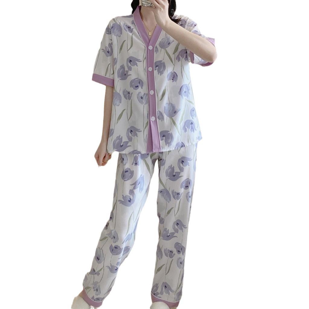 "Set de pijama pentru femei cu mânecă scurtă și decolteu în V - Bumbac Sweet Home & Îmbrăcăminte de exterior"