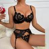 Lace Mesh Embroidery  Lingerie Gathering Straps Three Piece Set Shaping Body Underwear