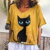 Retro T-shirt Women's V-neck Cartoon Cat Summer Casual Fashion Short Sleeve Tops Harajuku Wind T-shirt OverSize Women's Clothing