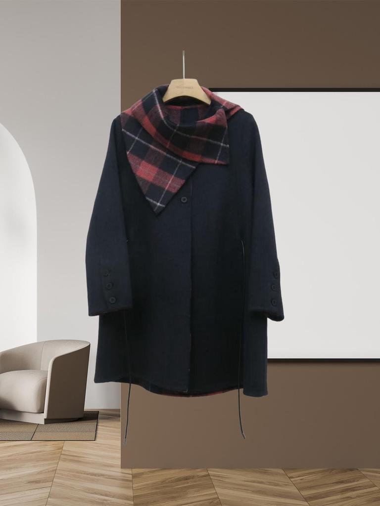 Women's Mid-Length Double-Faced Wool Coat with Detachable Plaid Collar and Tie-Waist