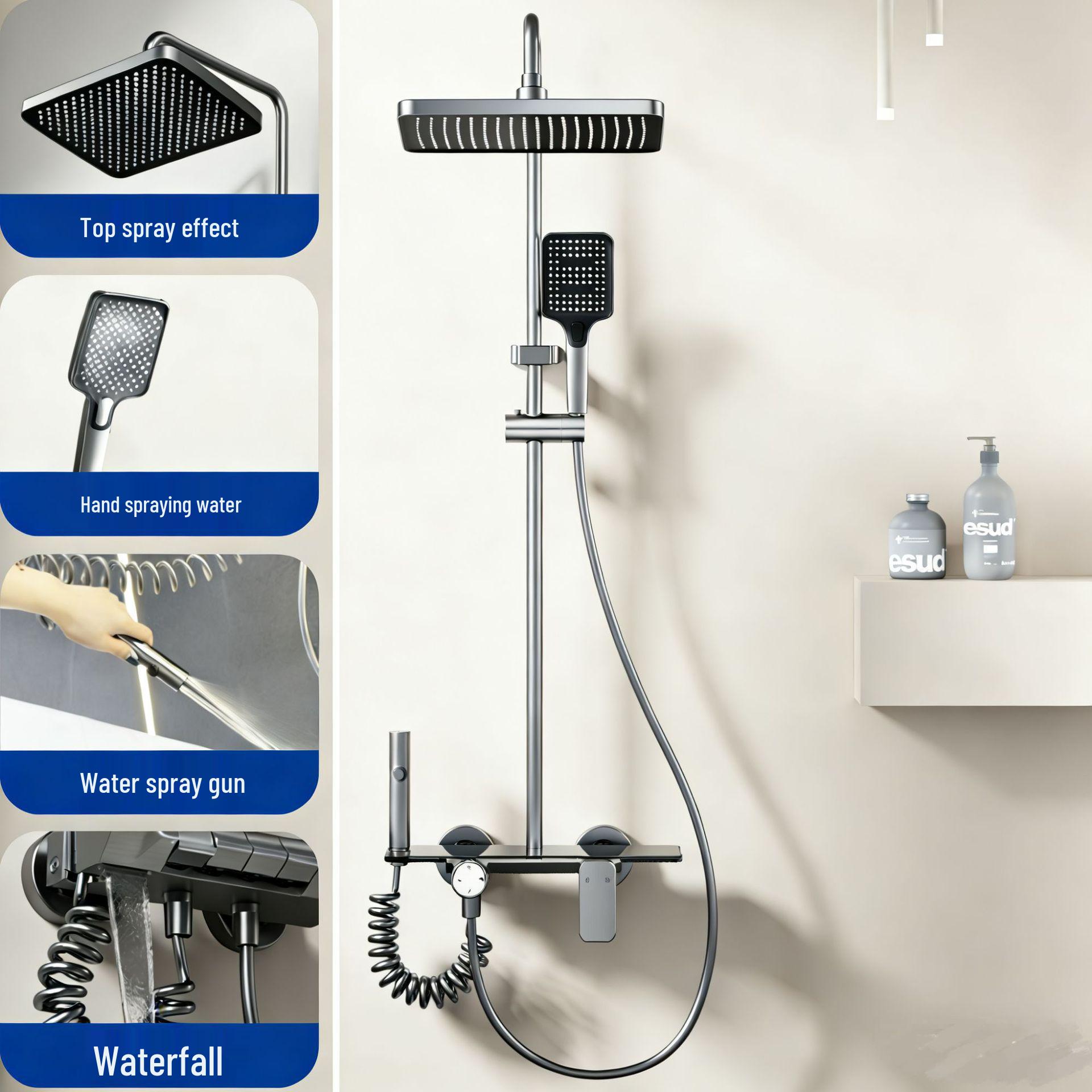 

Gray Air Booster Shower Set with Knob for Hot & Cold Adjustment Large Flat Storage Shower