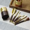 Brass Tea Ceremony Gentlemen Set: Solid Wood Accessories with Tea Tongs, Spoon, Knife, Fork, and Brush