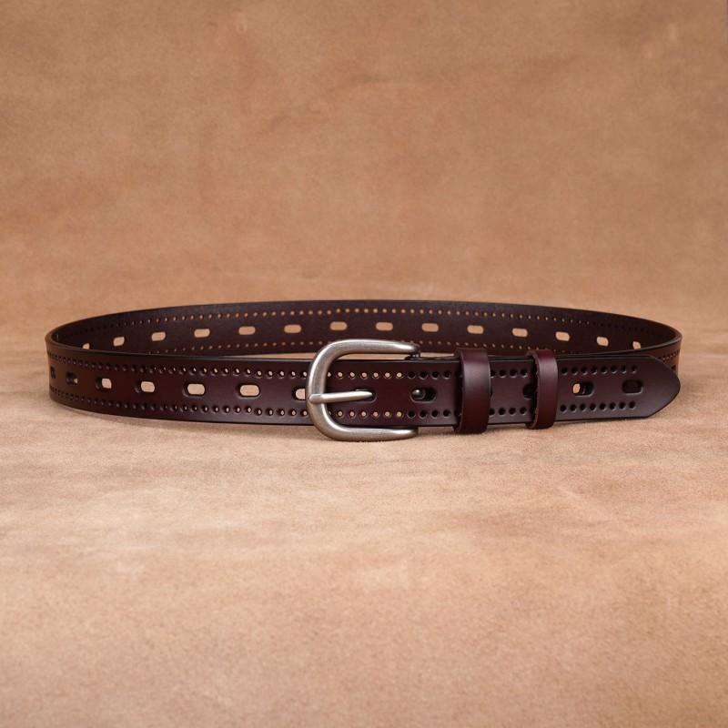 Womens Genuine Leather Belt With Hollow Design Pin Buckle Slim Width Jeans Dress Pants Black Coffee White