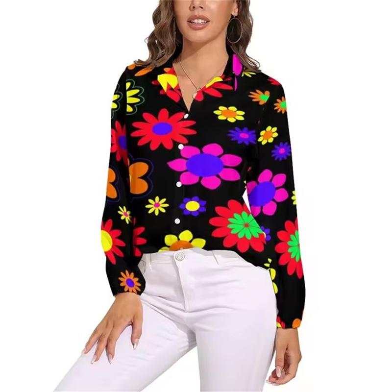 Helle Flower Power Bluse Retro Hippie Blumen Trendige Bedruckte Blusen Damen Langarm Freizeithemden Frühling Übergroße Kleidung